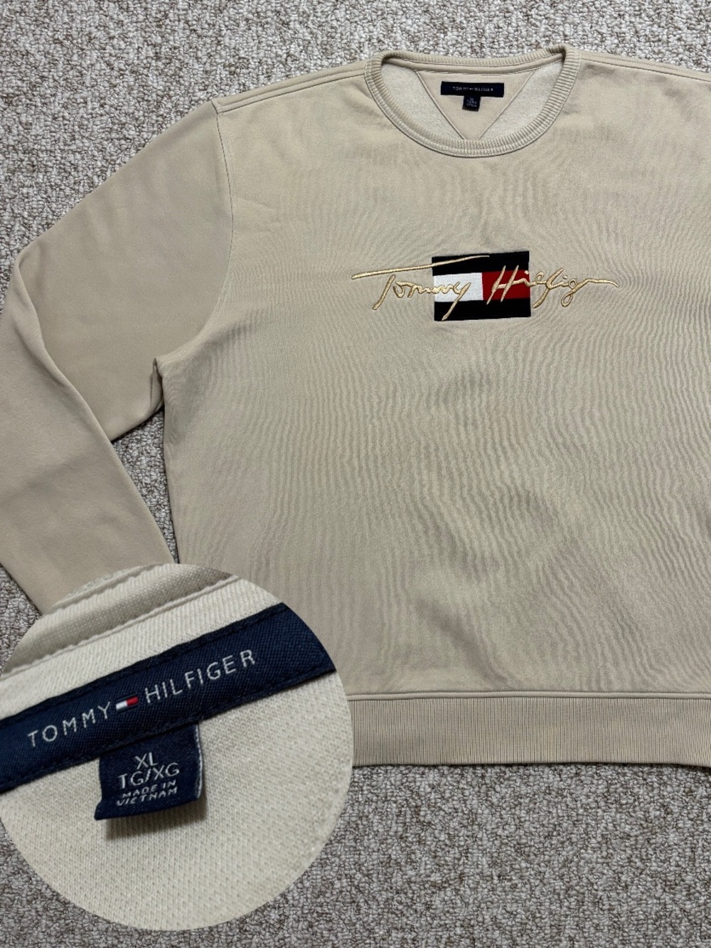 Tommy Hilfiger Men’s Embroidered Signature Flag Crewneck Sweatshirt Beige XL
